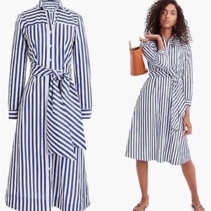 J. Crew Cotton Poplin Tie-Waist Shirt Dress Navy and White Long Sleeve Size 6